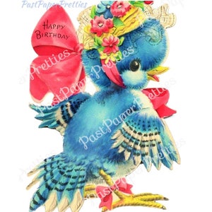 Joli geai bleu imprimable vintage avec image de carte de chapeau de fleur rétro des années 40 en téléchargement numérique instantané Kawaii Birdie Happy Birthday Clip Art