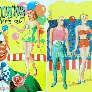 Vintage papieren circuspoppen c. 1952 Afdrukbare PDF Instant Digitale Download 4 leuke circustrapeze-artiesten Big Top Clown-illustraties