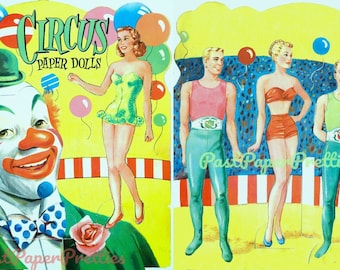 Muñecas de papel de circo vintage c. 1952 PDF imprimible Descarga digital instantánea 4 divertidos trapecistas de circo Payaso de carpa Imágenes prediseñadas
