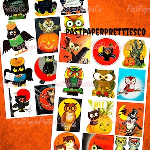 Vintage Retro Halloween OWLS Collage Sheets 24 Card Images Printable PDF Instant Digital Download Mid Century Kitsch Spooky Cute Clip Art
