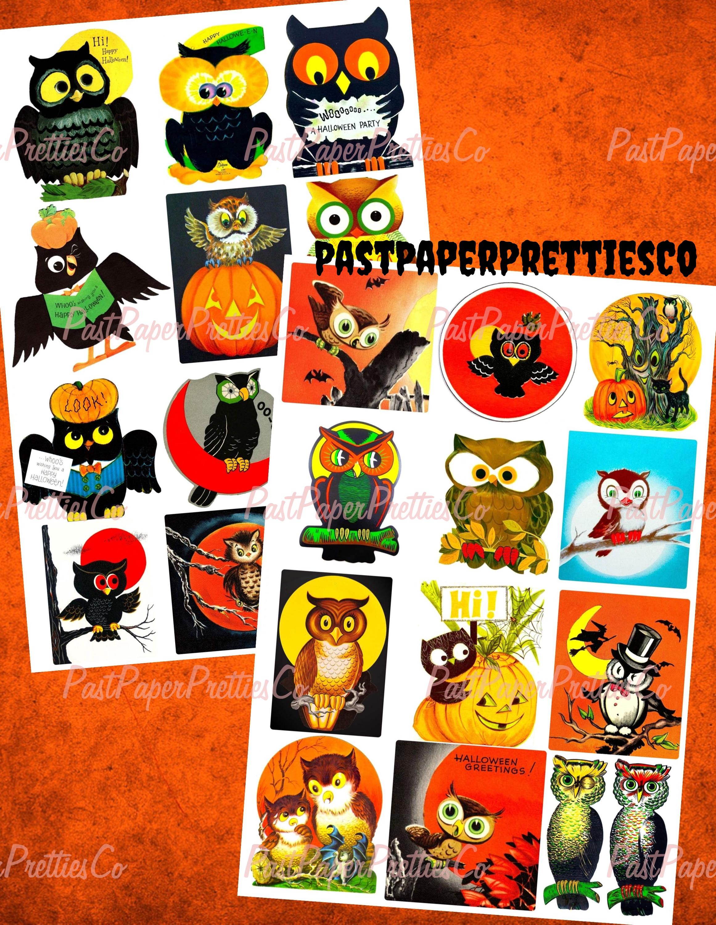 Vintage Retro Halloween OWLS Collage Sheets 24 Card Images Printable PDF Instant Digital Download Mi