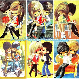 Vintage Big Eyed Mod Couples in Love Retro Swinging Sixties Printable Postcard Images PDF Instant Digital Download Kitsch Groovy Clipart