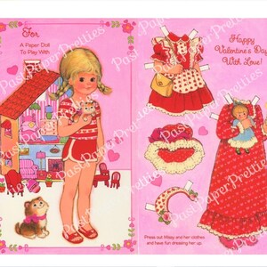 Cartão de papel vintage Valentine Cute Missy dobrado para impressão c. 1980s PDF Download digital instantâneo Linda garota vestida e suas roupas