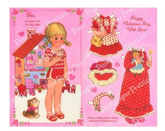 Muñeca de papel Missy linda de San Valentín vintage, tarjeta imprimible plegada en PDF, descarga digital instantánea, linda niña vestida con su ropa.