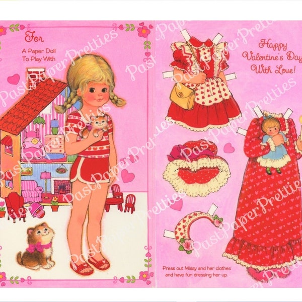 Vintage Valentine Cute Missy Paper Doll Folded Printable Card c. 1980s PDF Instant Digital Download Pretty Dress Up Girl and her Clothes