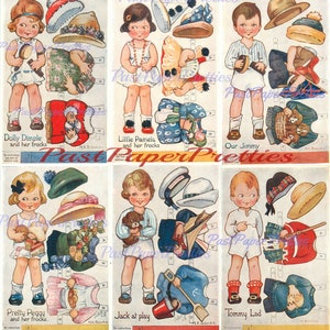 Muñecas de papel antiguas para imprimir en formato PDF, lindas niñas y niños, década de 1930, descarga digital instantánea, 6 juegos, Oilettes, kawaii, kitsch