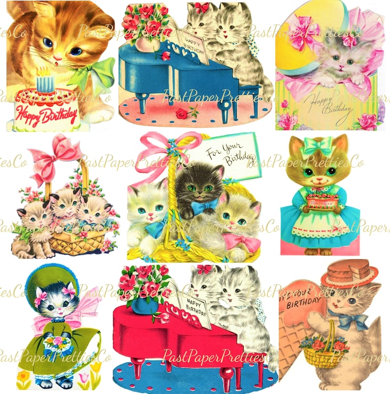 Vintage Printable Kitty Cat Happy Birthday Collage Sheets Fussy Die ...