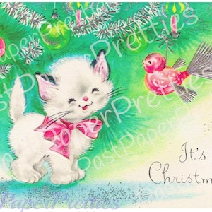 Vintage Noël imprimable Kitty chat chaton sous le sapin carte-image rétro des années 40 en téléchargement numérique instantané Kitsch vacances Clip Art