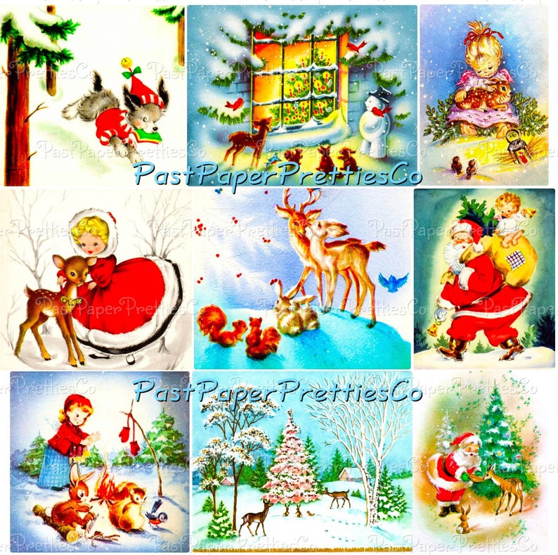 Pode incluir: Uma colagem digital de nove imagens de Natal vintage. As imagens apresentam uma variedade de cenas de inverno, incluindo uma floresta nevada, um boneco de neve, um veado, um esquilo, um p&aacute;ssaro, uma menina com um vestido vermelho, uma menina com um vestido azul, Papai Noel e uma rena. As imagens est&atilde;o todas em um estilo retr&ocirc;, com cores brilhantes e linhas simples.