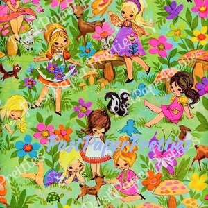 Papier cadeau à imprimer vintage, Kitsch filles des bois, animaux, champignons vénéneux, image en téléchargement numérique, forêt kawaii, amis, papier cadeau