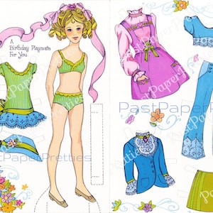 Bonecas de papel vintage retrô anos setenta Miss Suzi Mod Fashions c. 1972 Cartão de feliz aniversário PDF Download digital instantâneo Bonecas de vestir