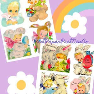 Cartão de Páscoa Vintage Traje de Coelho Imagens de Bebês 8 Colagem Kitsch Fofa para Imprimir e Cartões Únicos PDF Download Digital Instantâneo MCM Clip Art