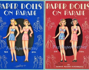 Muñecas de papel vintage en desfile, c. 1940. PDF imprimible, descarga digital instantánea. 4 lindas damas, lindas modelos de moda de los años cuarenta. Imágenes prediseñadas.