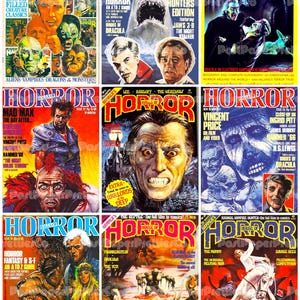 May include: A collection of vintage horror comic book covers. The covers feature various monsters, actors, and titles like "Horror," "Hammer," and "The Mummy." The color palette includes reds, yellows, blues, and greens, with bold typography.