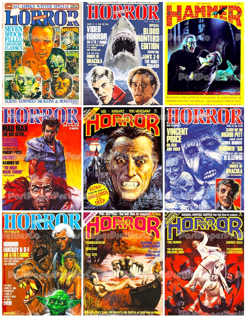 May include: A collection of vintage horror comic book covers. The covers feature various monsters, actors, and titles like "Horror," "Hammer," and "The Mummy." The color palette includes reds, yellows, blues, and greens, with bold typography.