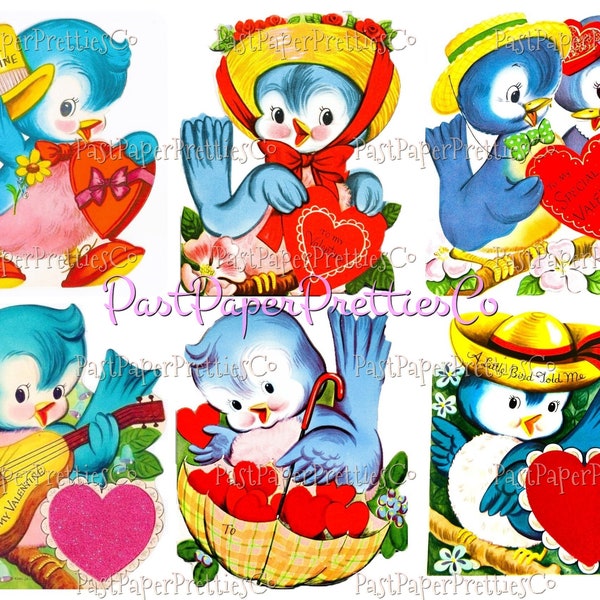 Vintage Pretty Bluebirds Valentines Day Cards ALL Blue Bird Themed Collage Sheets Printable PDF Instant Digital Download Cute Birdie Clipart