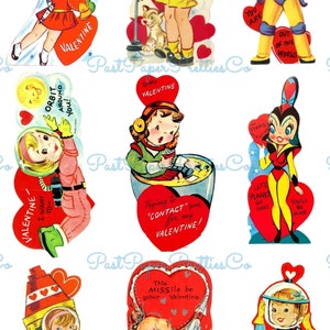 Vintage druckbare Valentines Retro Weltraum Küken Alle Girly Astronauten unter dem Motto Girl Power Collage Sheet PDF Instant Digital Download JPEG PNG