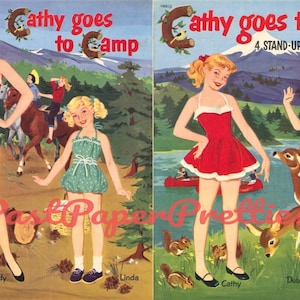 Muñecas de papel antiguas Cathy va al campamento c. 1954 Descarga digital instantánea en formato PDF para imprimir Niñas campistas y consejeras Clipart de campamento de verano