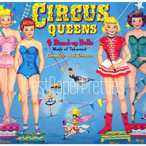 Bonecas de papel vintage, rainhas de circo, c. 1957, PDF para impressão, download digital instantâneo, 4 lindas fantasias de artistas de circo, grande circo, clipart