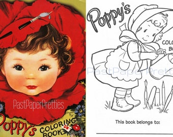 Páginas para colorear de Poppy, estilo vintage, imprimibles, c. 1952. Descarga digital instantánea en PDF. Lindo estilo kitsch de mediados de siglo. Para niños y niñas. 22 páginas, tamaño A3.