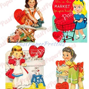Vintage Retro Little Homemaker Themed Valentine Cards Cooking Cleaning Washing Collage Sheets Printable PDF Instant Digital Download image 2