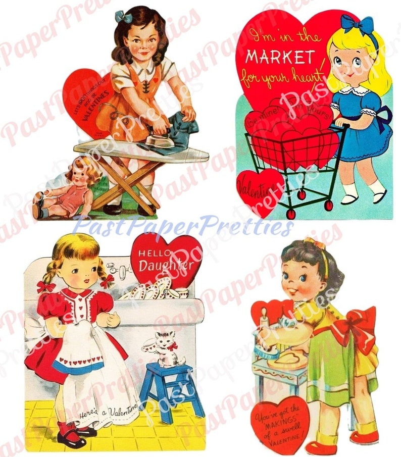 Vintage Retro Little Homemaker Themed Valentine Cards Cooking Cleaning Washing Collage Sheets Printable PDF Instant Digital Download image 2