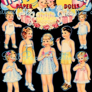 Vintage alles Gute zum Geburtstag Papierpuppen 17 niedliche Kinder c. 1940er Jahre druckbare PDF Sofortiger digitaler Download süße Mädchen Jungen Party Clip Art