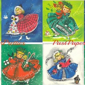 Vintage Noël mignon belles filles images carte de Noël Images PDF téléchargement numérique Kitsch Little Miss dames Clip Art des années 1960