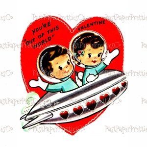 Vintage druckbare Valentinstag niedlichen Space Kids Karte Retro 1960er Jahre Raumschiff Spacenik Silber Glitter Sofortiger digitaler Download Outerspace ClipArt