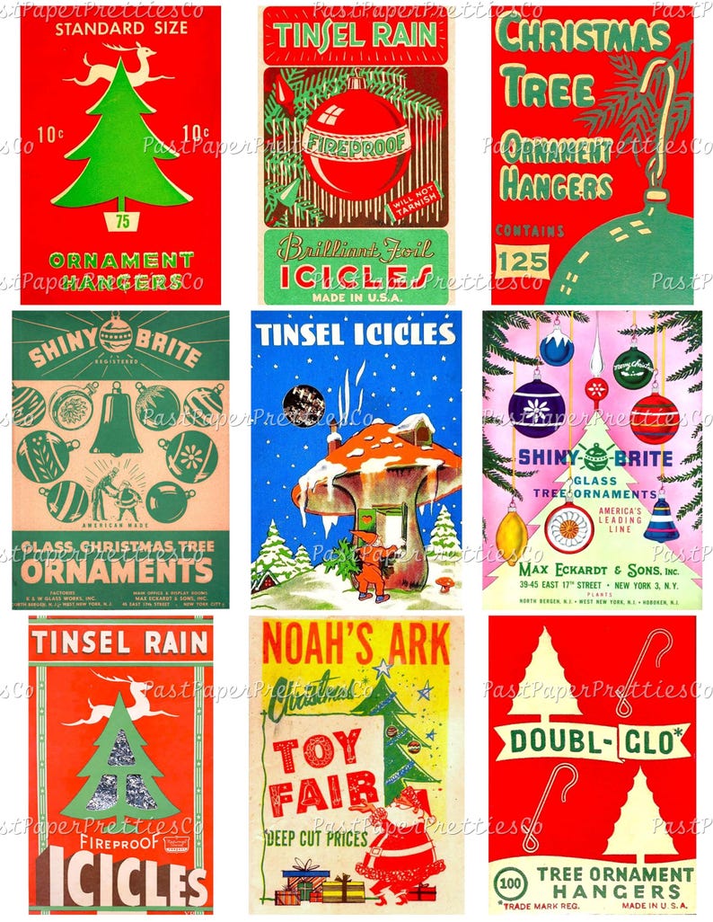 Imágenes de cajas de embalaje para decoración navideña vintage imprimibles, estilo Mid Century Mod, descarga digital instantánea en PDF, 300 ppp, imágenes individuales, collages. imagen 3