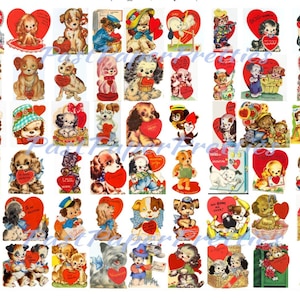 63 vintage puppy hond Valentijn kaarten ALLE hondenthema-afbeeldingen afdrukbare pdf instant digitale download kitsch antropomorfe doggie-illustraties