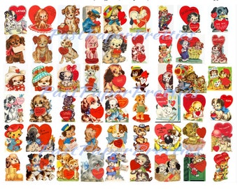 63 vintage puppy hond Valentijn kaarten ALLE hondenthema-afbeeldingen afdrukbare pdf instant digitale download kitsch antropomorfe doggie-illustraties