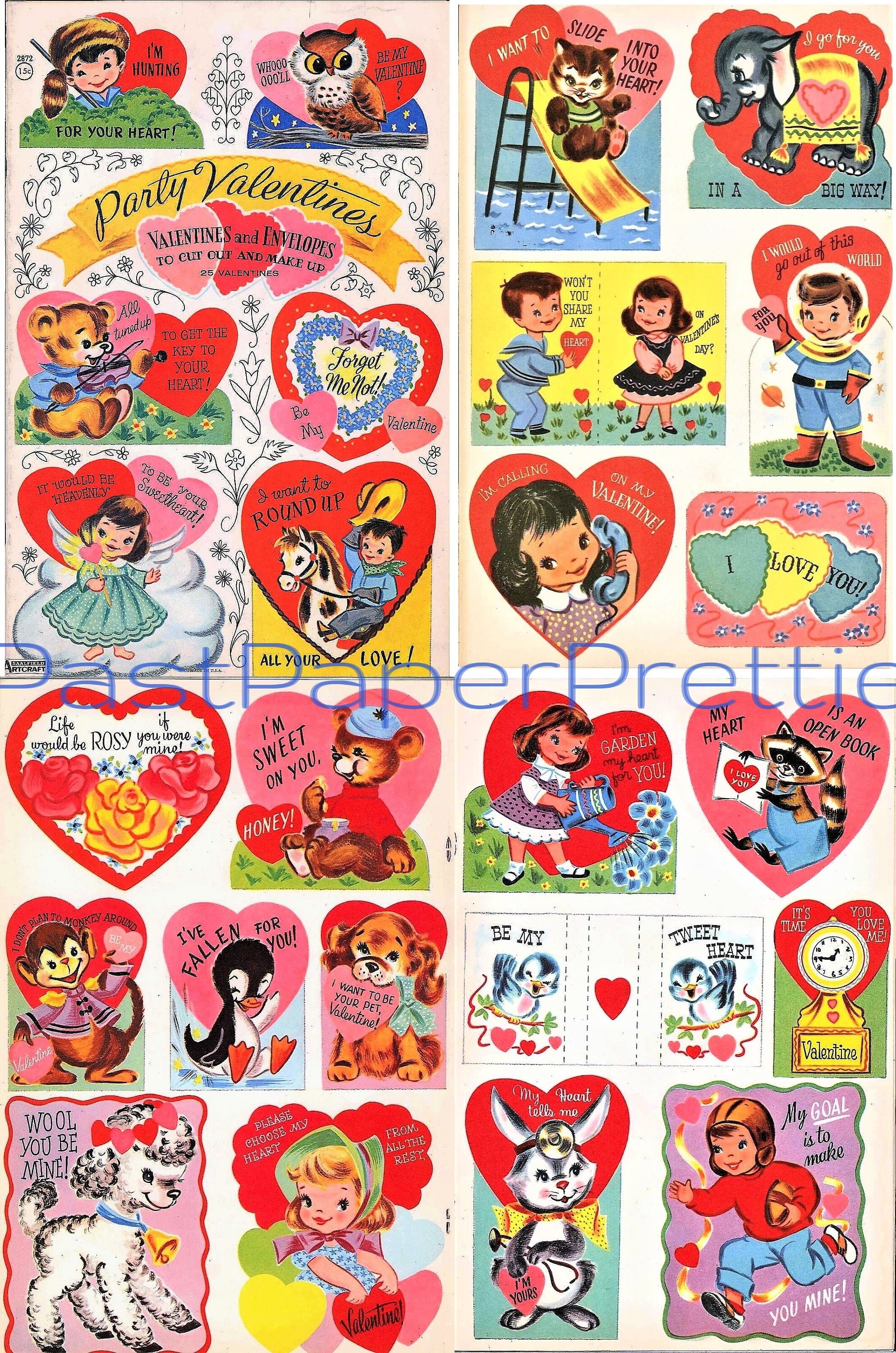25 Vintage Printable 1950s Valentines Day Cards Cute Kitsch Boys Girls  Children Animals PDF Instant Digital Download Clip Art Jpegs 