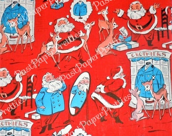 May include: A red wrapping paper featuring a repeating pattern of Santa Claus, reindeer, and storefronts labeled CLOTHIERS. The illustrations show Santa wearing a blue coat, looking in a mirror, and standing near gifts and blue coats on mannequins.