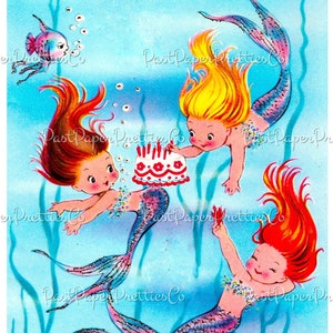 Vintage para impressão Três lindas amigas sereias Cartão de aniversário Imagem Instantânea Download Digital Cute Kitsch Kawaii Ninfas da Água 300 dpi