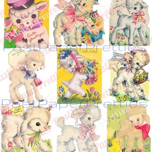 36 bilder på vintage påskkort, söta lammcollageark och enskilda kort, ALLA lamm, PDF, direkt digital nedladdning, kitschig påskdjurs-clipart bild 3