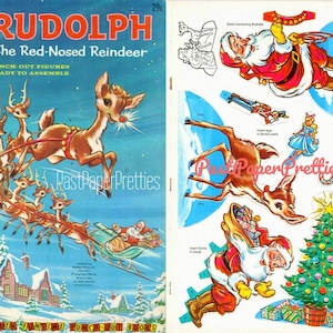 Vintage Papierpuppen Rudolph Rentier mit der roten Nase c. 1961 Druckbare PDF Sofortiger digitaler Download Retro Weihnachtsspielset Ausschnitte Buch