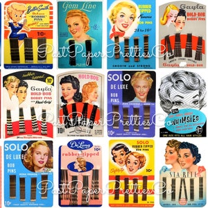 Grampos de cabelo vintage para donas de casa dos anos 40, grampos de cabelo para mulheres, colagens ATC para impressão, 18 imagens em PDF, download digital instantâneo, beleza retrô para donas de casa chique