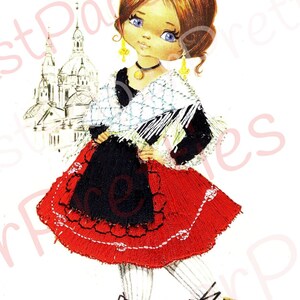 Vintage Printable Pretty Big Eyed Spanish Dancer Girls 1970s Postcard Images PDF Instant Digital Download Kitsch Fabric Dresses 300 dpi image 3