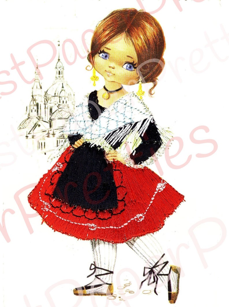 Vintage Printable Pretty Big Eyed Spanish Dancer Girls 1970s Postcard Images PDF Instant Digital Download Kitsch Fabric Dresses 300 dpi image 3