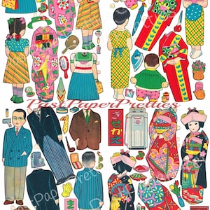 Bonecas de papel japonesas para impressão vintage, lindas crianças, famílias, folhas de colagem, brinquedos de papel kawaii, PDF, download digital instantâneo, 8 folhas