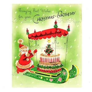 Vintage gelukkige kerst verjaardag gevouwen afdrukbare kaart kerstman duwen taart slee c. PDF uit de jaren 1950, direct digitaal downloaden, 24 december, 25 december