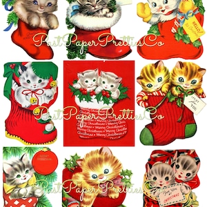 Cartes de Noël chats bottines imprimables vintage Feuilles de collage d'images Tampons TOUS les bas Kitty PDF Téléchargement numérique instantané