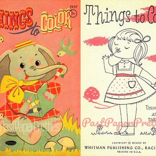 Vintage Printable Coloring Book Things To Color c. 1961 PDF Instant Digital Download Kitsch Cute Children Animals Objects 40 Pages