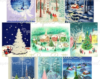 Vintage Printable Christmas Town and Church Collage Sheet & Single Card Images PDF Instant Digital Download Pretty Holiday Clipart