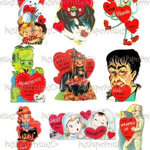 May include: A collection of vintage Valentine's Day cards featuring a variety of spooky and whimsical characters. The cards are decorated with hearts, flowers, and other festive designs. The text on the cards includes messages such as "I'm batty over you", "My heart is in your hands", and "It'll be monstrous if you won't be mine!"