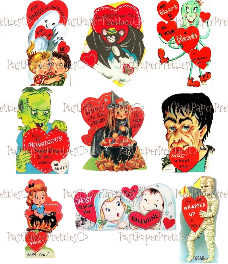 May include: A collection of vintage Valentine's Day cards featuring a variety of spooky and whimsical characters. The cards are decorated with hearts, flowers, and other festive designs. The text on the cards includes messages such as "I'm batty over you", "My heart is in your hands", and "It'll be monstrous if you won't be mine!"