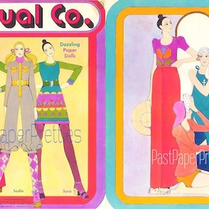 May include: A vintage paper doll set featuring three women in 1970s fashion. The dolls are named Salli, Sudie, and Sara. The set includes a variety of outfits and accessories. The paper dolls are from the Casual Co. brand.