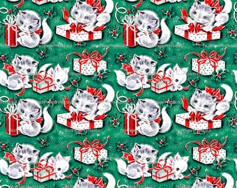Vintage Christmas Cats Gift Wrap Cute Kitties Printable Collage Sheet Instant Digital Download Kitsch Wrapping Paper Kawaii Design 1940s
