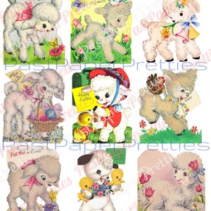 36 bilder på vintage påskkort, söta lammcollageark och enskilda kort, ALLA lamm, PDF, direkt digital nedladdning, kitschig påskdjurs-clipart bild 8